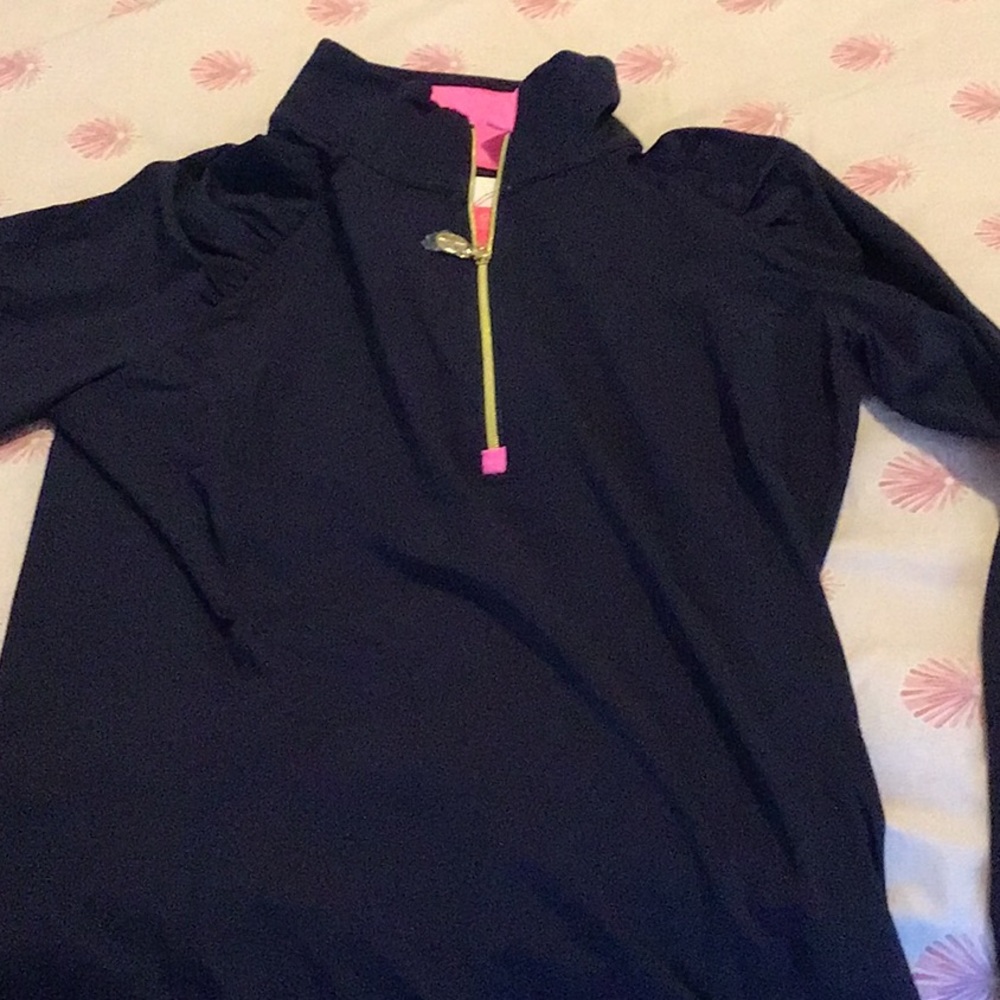 Lilly Pulitzer Justine Half Zip. Navy & pink. Great for golf or Pickleball.